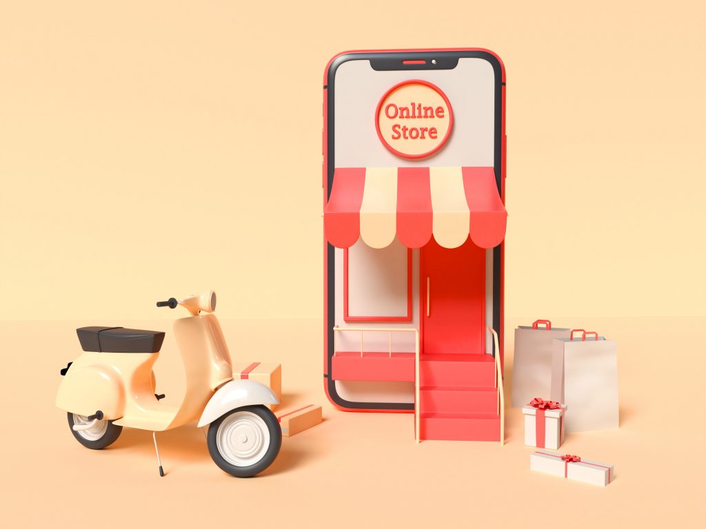 3D Illustration Smartphone With Delivery Scooter Boxes Paper Bags